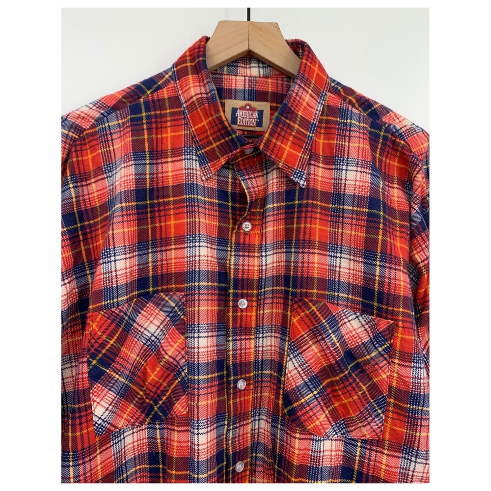 Vintage American Edition Flannel Shirt Mens XL Tall Red Blue Plaid Fall Made USA